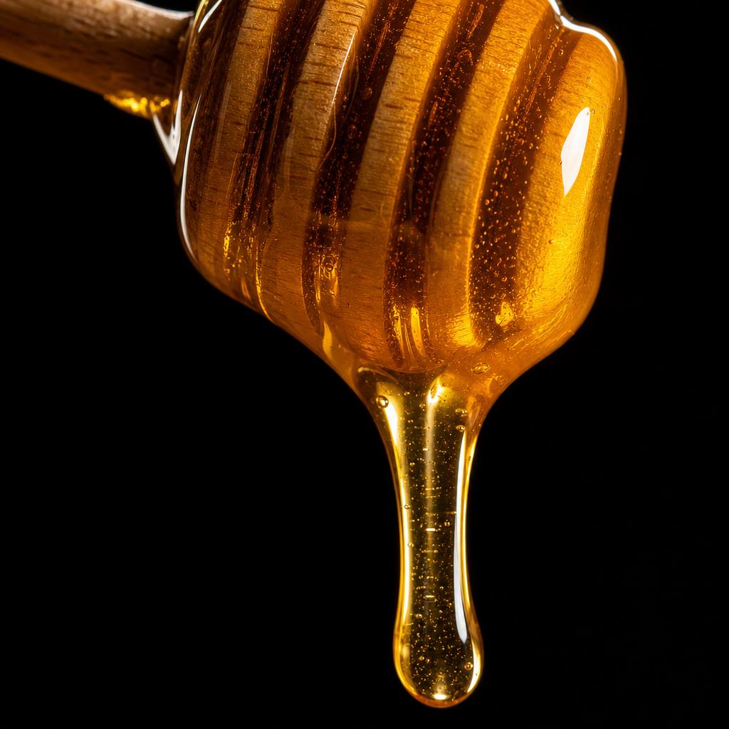 Honey dripping from a wooden dipper